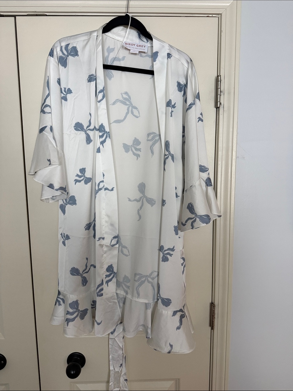 Birdy Grey White Satin Robe with Light Blue Bow Print